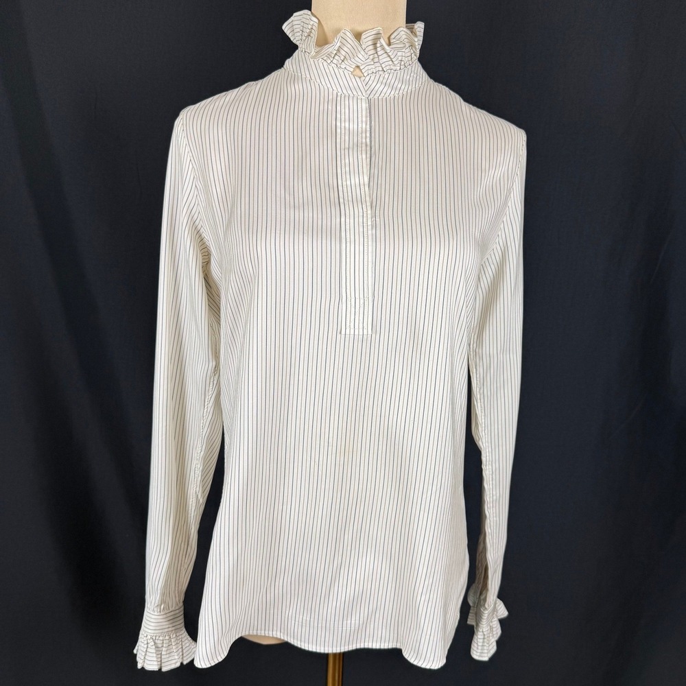 Nili Lotan 100% Silk Ruffle Collar "Librarian" Striped Blouse EUC - Est. Size M